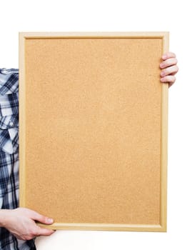 Man holding pin board on white background