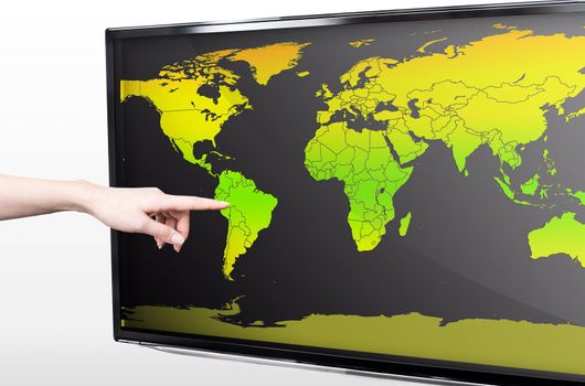 Hand showing blank world map on LED TV screen
