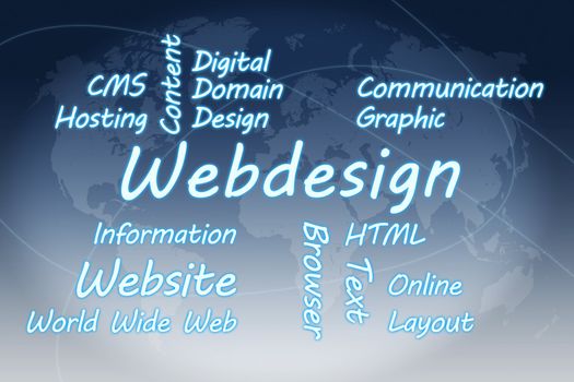 Webdesign wordcloud concept illustration on blue world map background
