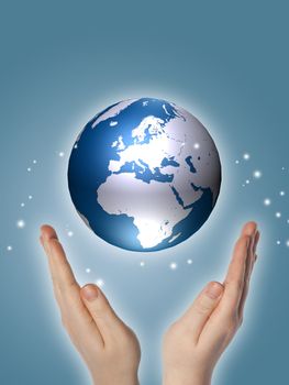 world or globe in your hands on blue background