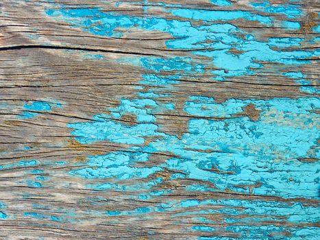 Detail of old wooden boards painted in light blue with several layers of shelled paint