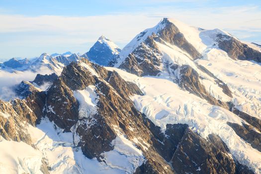 Aerial view of Winter landscape Mountain Cook New Zealand