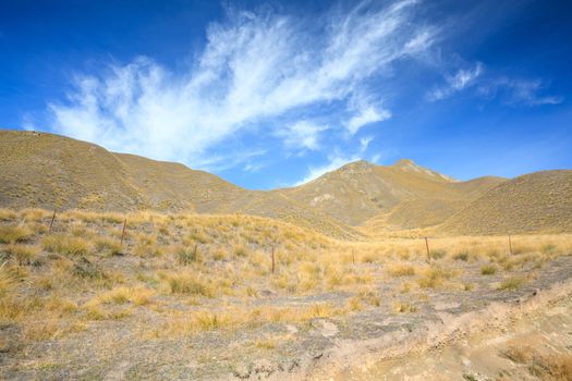 landscape of dry mountain range at Lindis Pass, the highest highway, in NewZealand