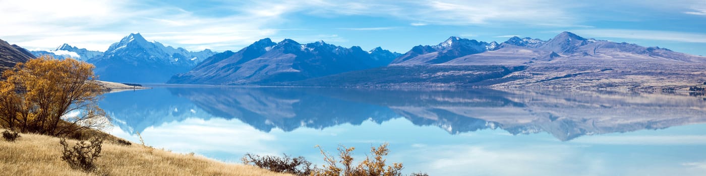 Panorama Landscape of Mountain Cook with its reflection in Lake New Zealand