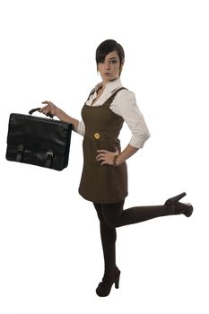 Professional female holding briefcase or laptop bag. Isolated on white background