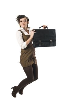 Professional business woman holding briefcase jumping. Isolated on white background