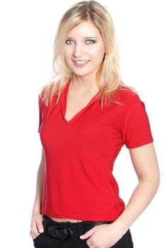 Pretty blonde girl dressed in red t-shirt, looking at camera and smiling, on white