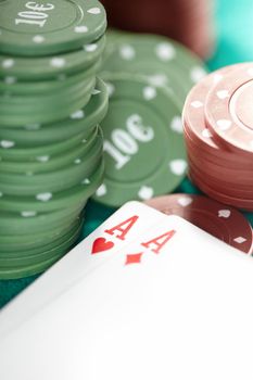 Cards and casino chips. Shallow depth of field for natural view