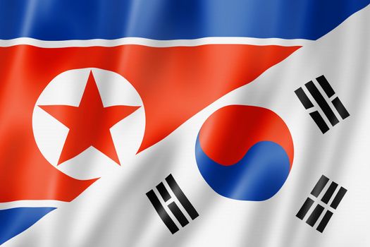 Mixed North Korea and South Korea flag, three dimensional render, illustration