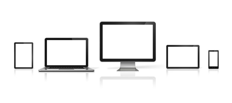 3D computer, laptop, mobile phone and digital tablet pc - isolated on white with clipping path