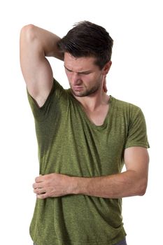 Man with Hyperhidrosis sweating very badly under armpit