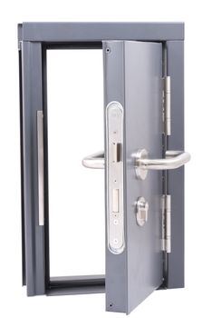 isolated open grey steel door