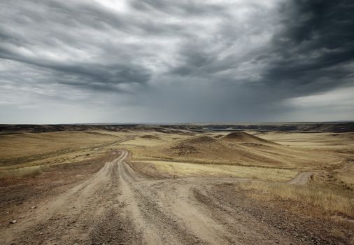 Landscape with troubled sky and two byroads in the steppe