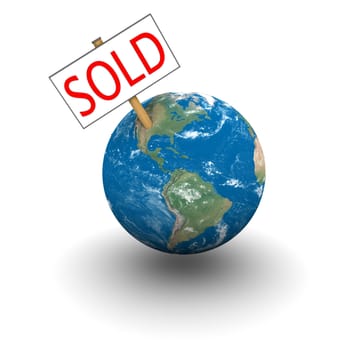 Sold sign on planet Earth isolated on white background. Elements of this image furnished by NASA.