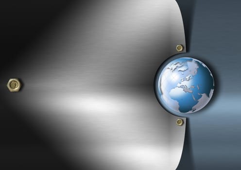 Blue and metal business background with metal plate with globe
