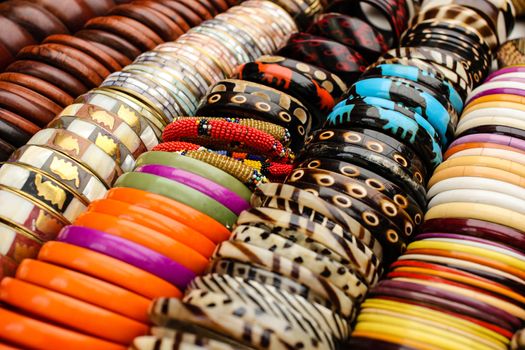 Many colorful braclets at african market