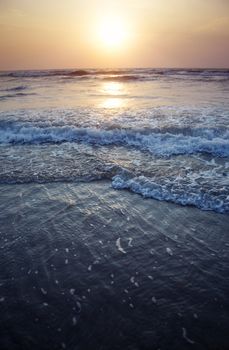 Twilight sea during sunset. Vertical photo with dark and dramatic  colors 