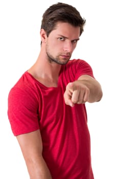 Man in red t-shirt pointing at camera