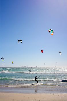 Kiteboarders at Milnerton Beach in Cape Town, South Africa