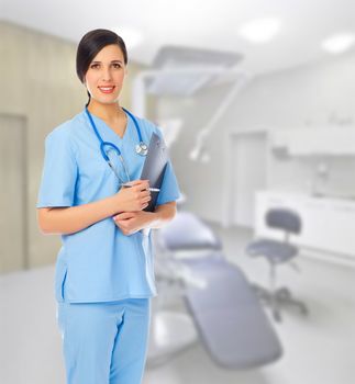 Doctor with clipboard at medical office