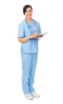 Doctor with clipboard isolated on white