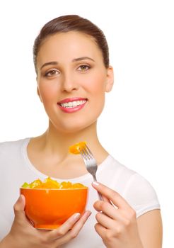 Young woman with fruit salad isolated