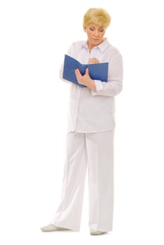 Senior woman with notebook isolated