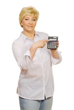 Senior woman with calculator isolated