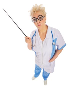 Funny mature doctor with pointer isolated