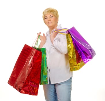 Senior woman with bags isolated