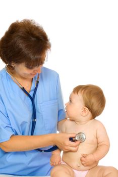 Doctor with stethoscope and small smiling baby isolated #6