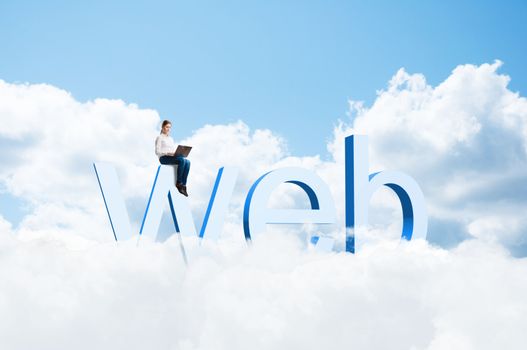 girl sitting with a laptop on three-dimensional letters web, around the clouds and blue sky