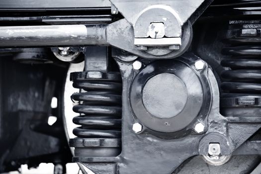 Metal details of the train engine. Close-up photo