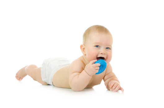 Laying small baby with a toy isolated
