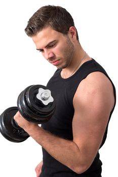 Young attractive man pumping weights in a black tank top