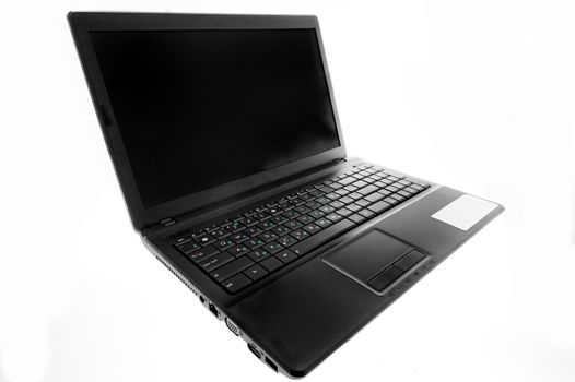 Black laptop open on a white background.