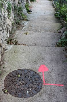 Pink Arrow Pointing Down Stairs