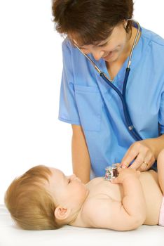 Doctor with stethoscope and small smiling baby isolated #8