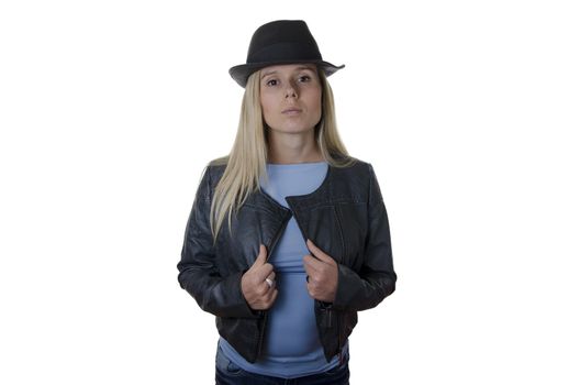 young blonde woman wearing a hat and a jacket isolated on white background