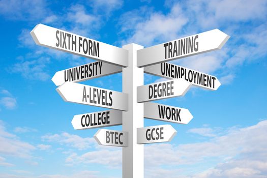 Education and employment choices signpost on blue sky background
