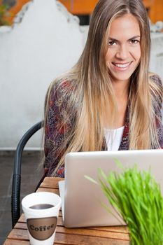 Portrait of a beautiful young woman with long hair using laptop at cafe