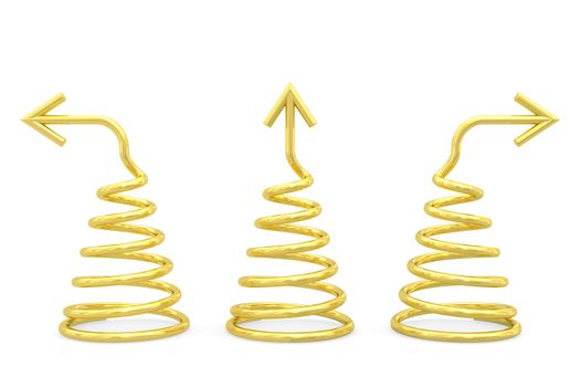 Golden spirals with different direction arrows on white background. High resolution 3D image
