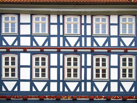 Facade of a half-timbered house with blue wood in Duderstadt, Germany