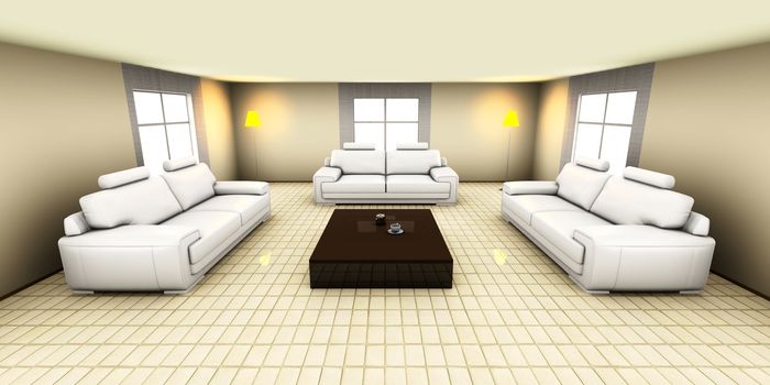 3D rendered Illustration. Interior visualisation of a living room.