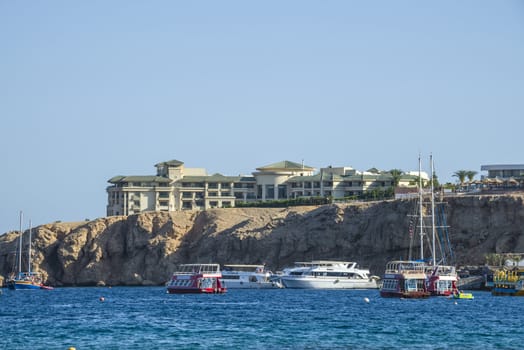 Hotel located on the cliffs of Naama Bay, Sharm el Sheik, Egypt. The picture is shot one day in April 2013.