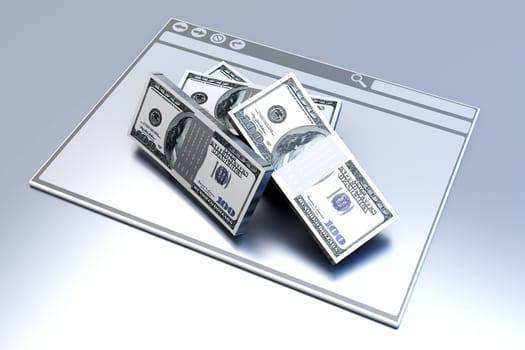 Dollars in a Browser window. 3D rendered illustration.