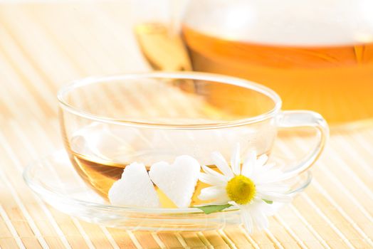 A teacup and a teapot with herbal chamomile tea