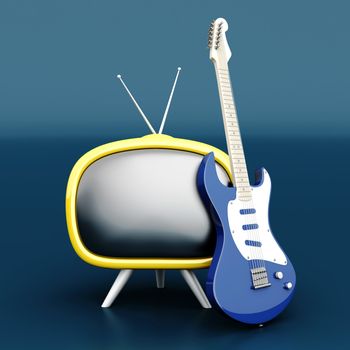 3D rendered Illustration. Retro tube TV with an classic electric Guitar.