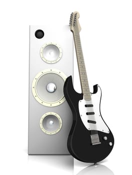 3D rendered Illustration. A guitar with a group of Speakers. 