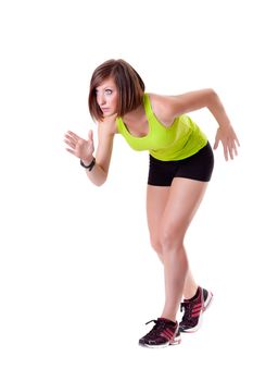 young beautiful sport woman ready for a race isolated on white background